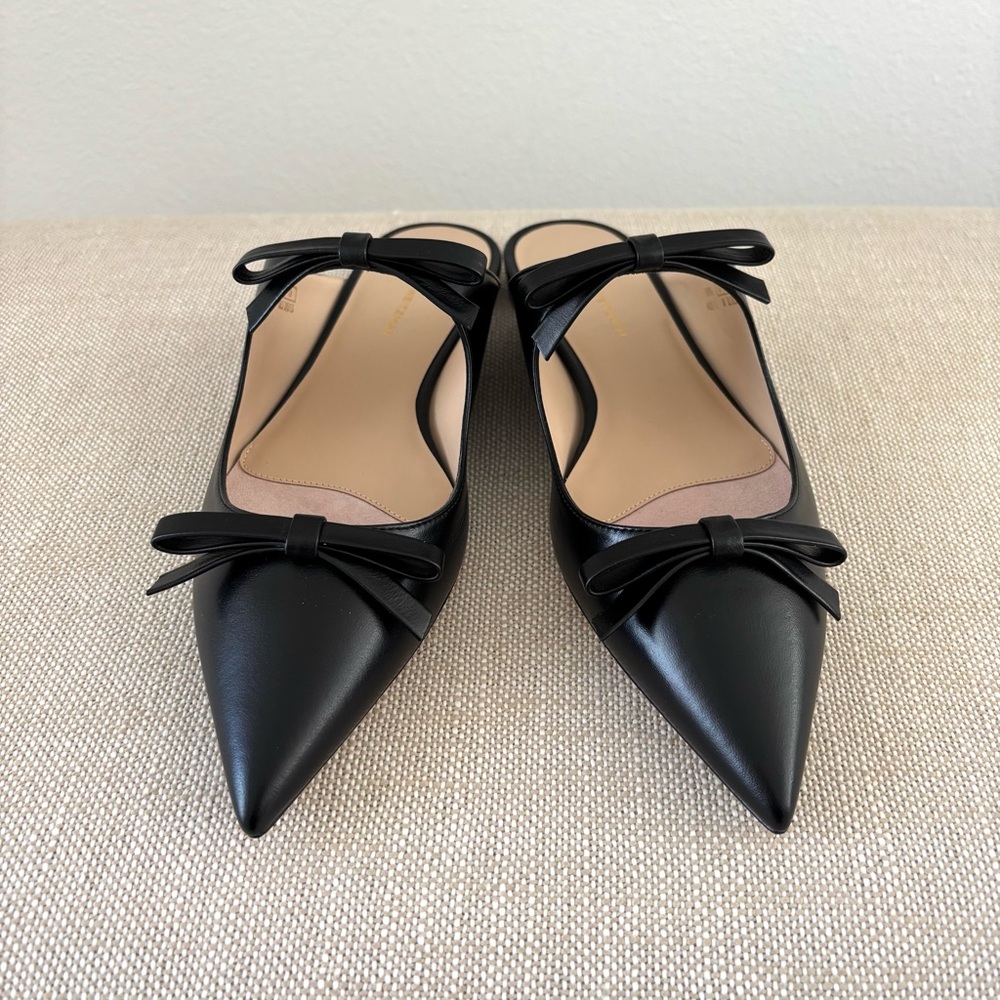 Stuart Weitzman Reese Flat Slide NIB Black Leather Mary-Jane Bows Pointy Toes 8 - Picture 4 of 15